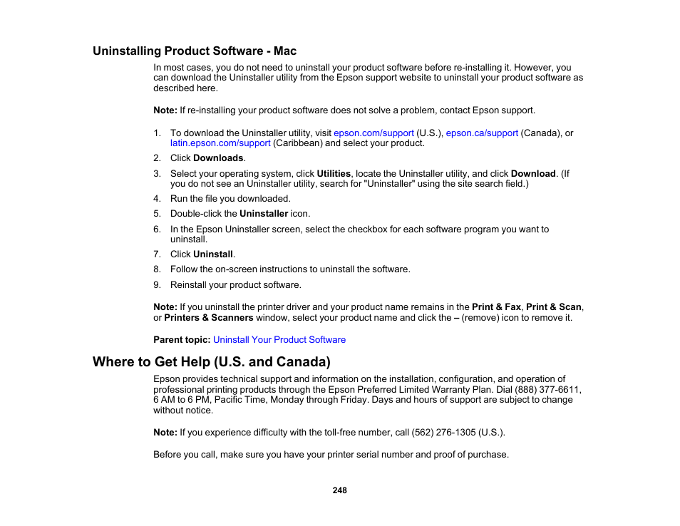 Uninstalling product software - mac, Where to get help (u.s. and canada) | Epson SureColor T3170M 24" Wireless Printer, Scanner & Copier User Manual | Page 248 / 274