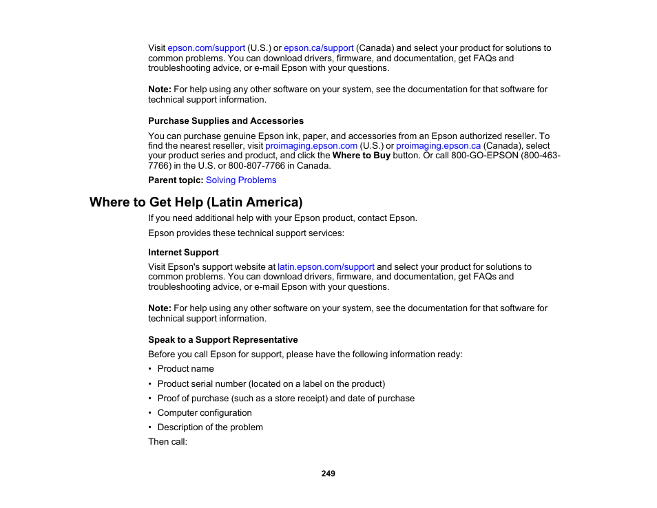 Where to get help (latin america) | Epson SureColor T3170M 24" Wireless Printer, Scanner & Copier User Manual | Page 249 / 274