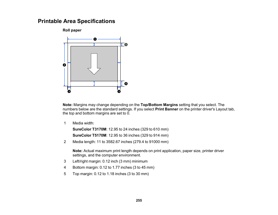 Printable area specifications | Epson SureColor T3170M 24" Wireless Printer, Scanner & Copier User Manual | Page 255 / 274