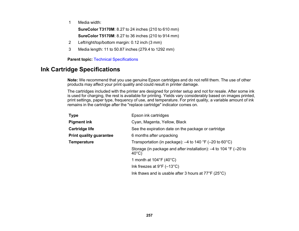 Ink cartridge specifications | Epson SureColor T3170M 24" Wireless Printer, Scanner & Copier User Manual | Page 257 / 274