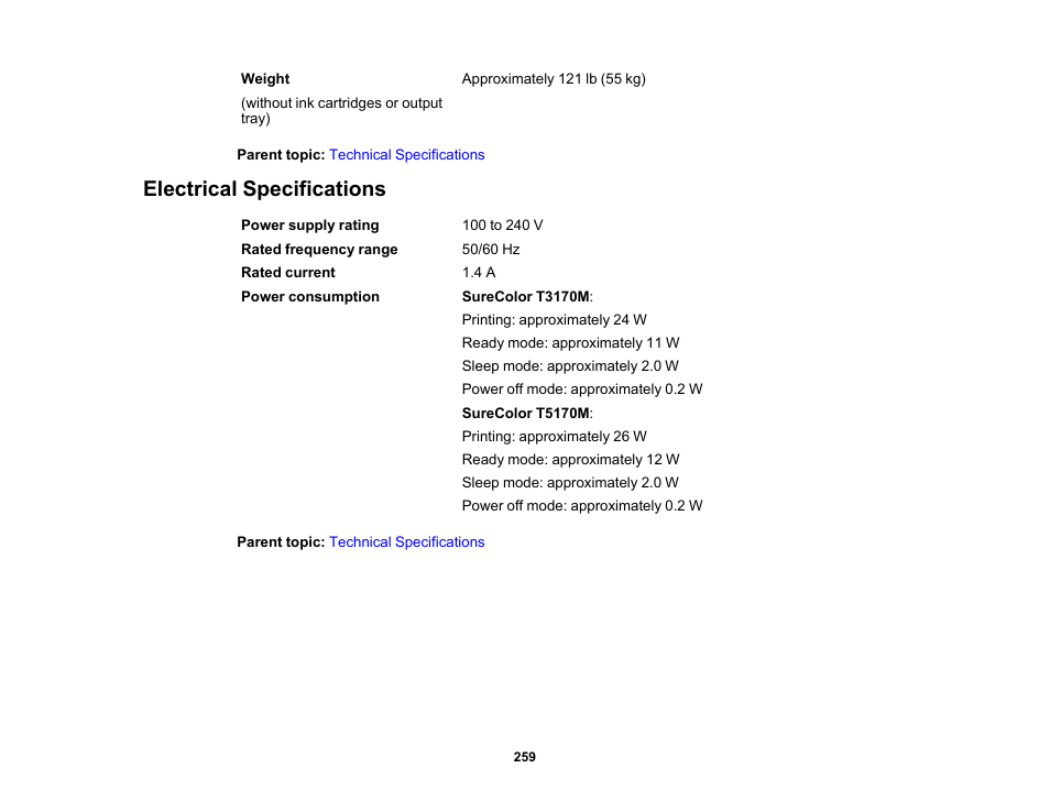 Electrical specifications | Epson SureColor T3170M 24" Wireless Printer, Scanner & Copier User Manual | Page 259 / 274