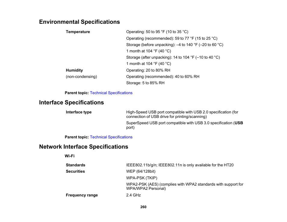 Environmental specifications, Interface specifications, Network interface specifications | Epson SureColor T3170M 24" Wireless Printer, Scanner & Copier User Manual | Page 260 / 274