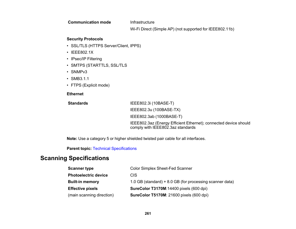 Scanning specifications | Epson SureColor T3170M 24" Wireless Printer, Scanner & Copier User Manual | Page 261 / 274