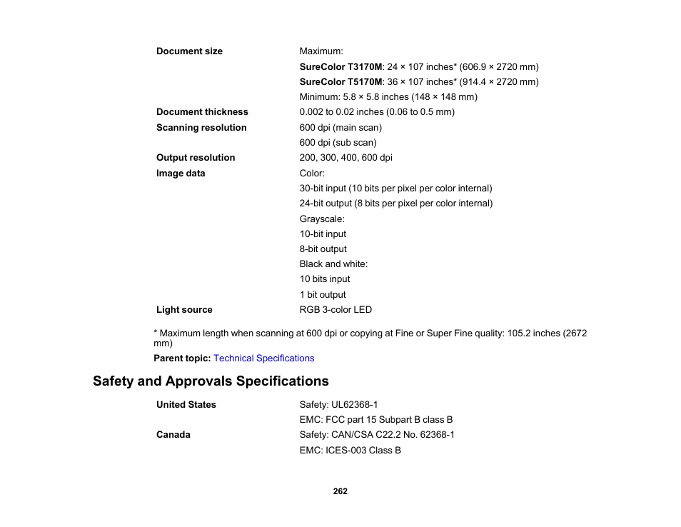 Safety and approvals specifications | Epson SureColor T3170M 24" Wireless Printer, Scanner & Copier User Manual | Page 262 / 274