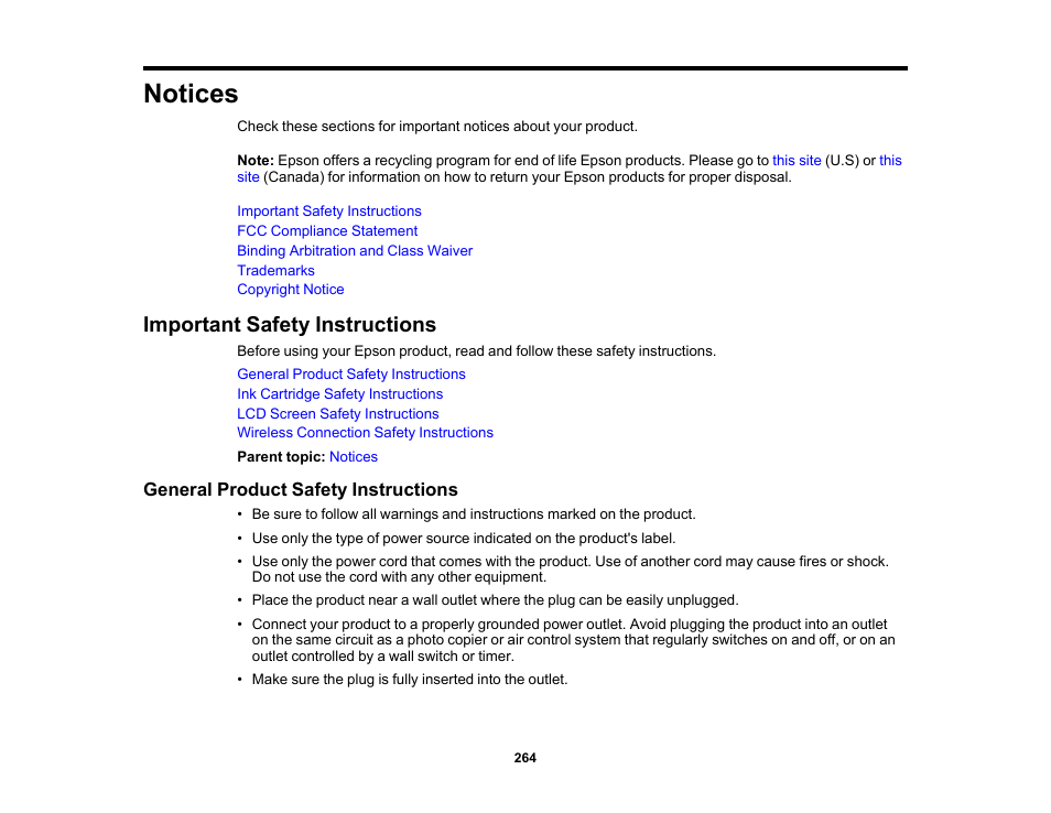 Notices, Important safety instructions, General product safety instructions | Epson SureColor T3170M 24" Wireless Printer, Scanner & Copier User Manual | Page 264 / 274