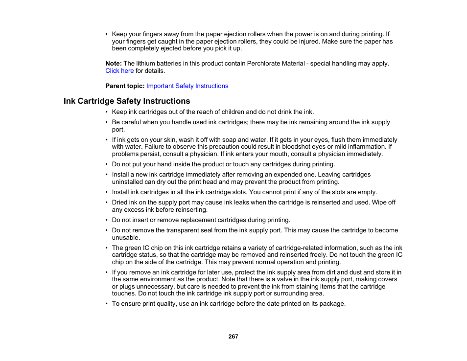 Ink cartridge safety instructions | Epson SureColor T3170M 24" Wireless Printer, Scanner & Copier User Manual | Page 267 / 274