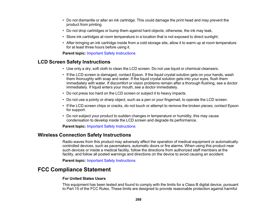 Lcd screen safety instructions, Wireless connection safety instructions, Fcc compliance statement | Epson SureColor T3170M 24" Wireless Printer, Scanner & Copier User Manual | Page 268 / 274