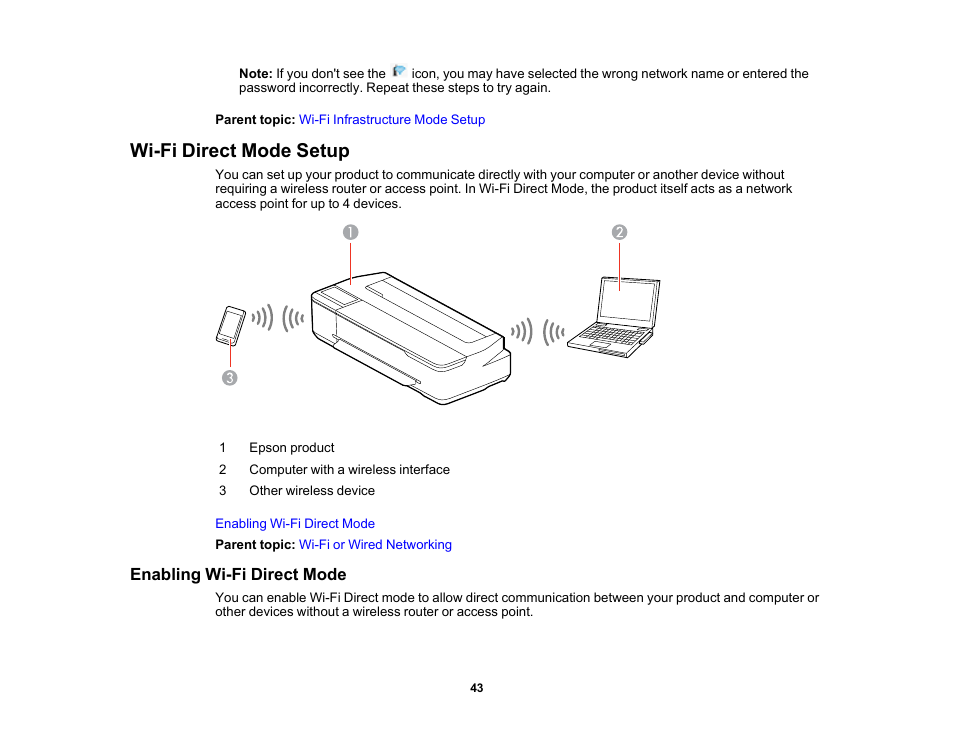 Wi-fi direct mode setup, Enabling wi-fi direct mode | Epson SureColor T3170M 24" Wireless Printer, Scanner & Copier User Manual | Page 43 / 274