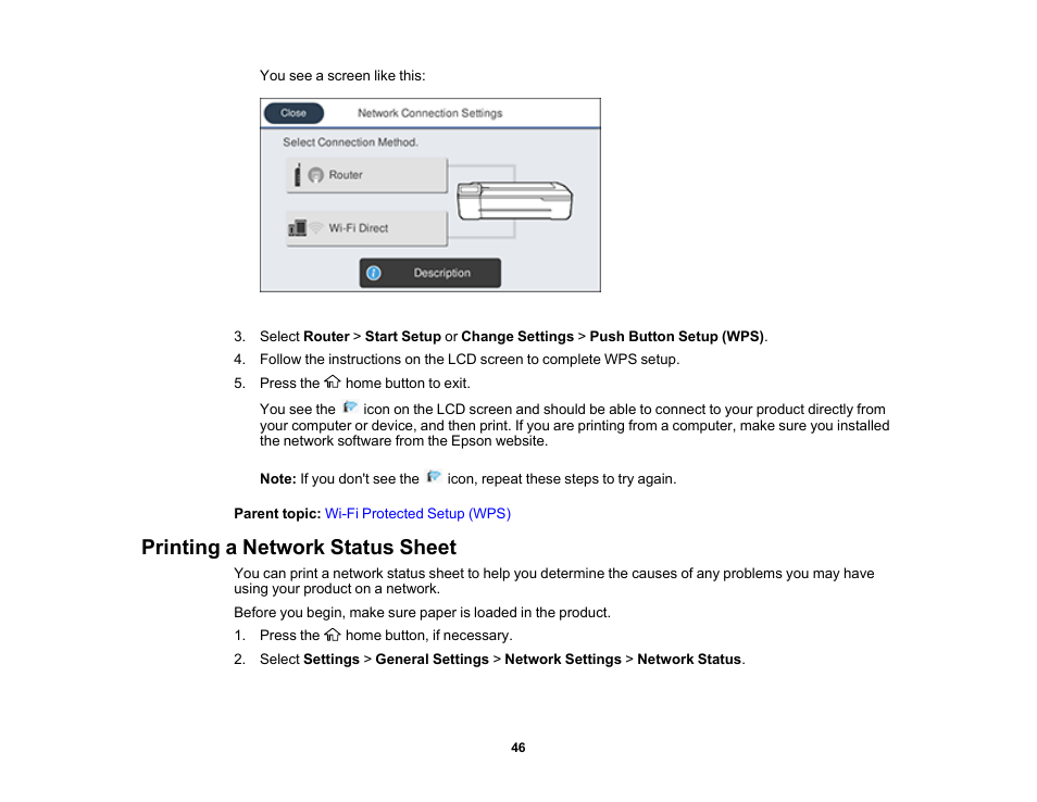 Printing a network status sheet | Epson SureColor T3170M 24" Wireless Printer, Scanner & Copier User Manual | Page 46 / 274