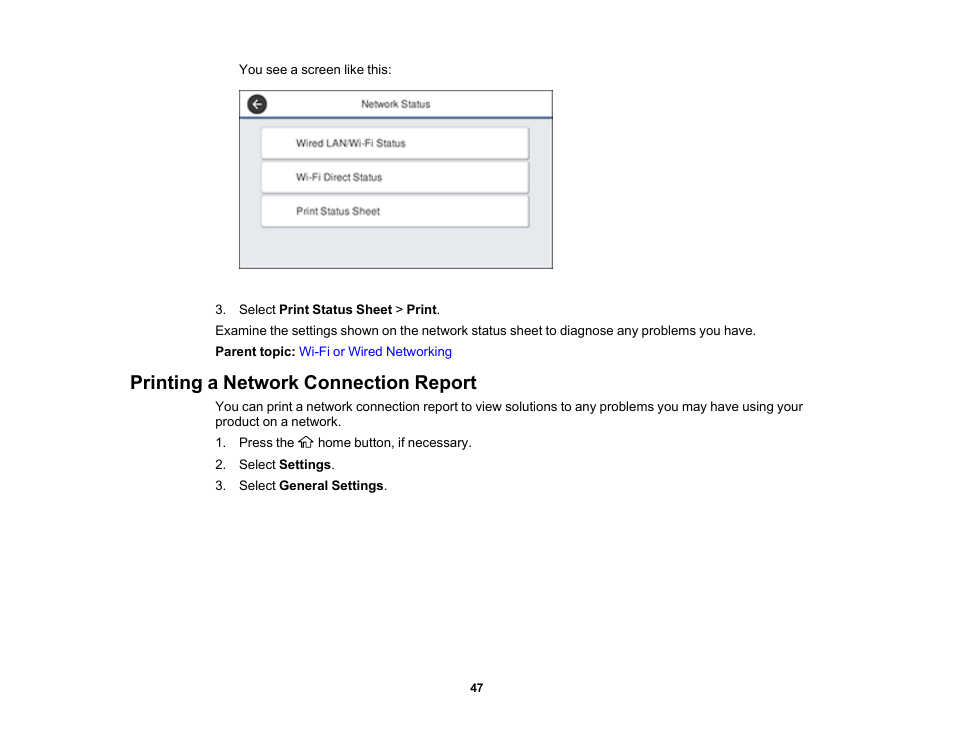 Printing a network connection report | Epson SureColor T3170M 24" Wireless Printer, Scanner & Copier User Manual | Page 47 / 274