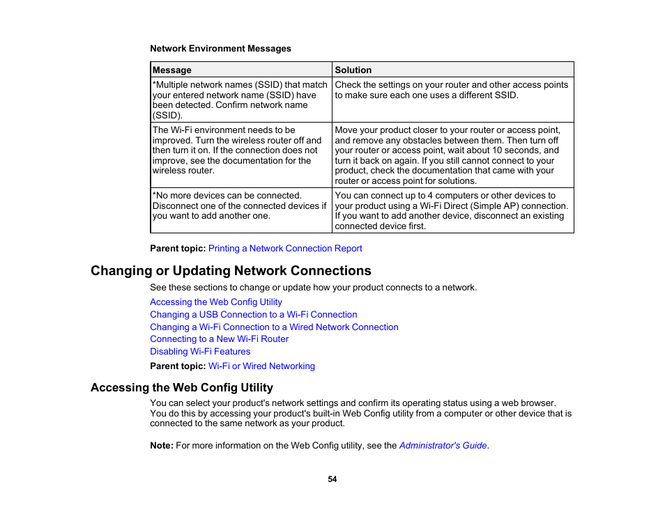 Changing or updating network connections, Accessing the web config utility | Epson SureColor T3170M 24" Wireless Printer, Scanner & Copier User Manual | Page 54 / 274