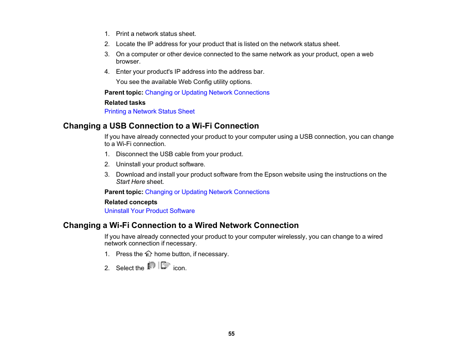 Changing a usb connection to a wi-fi connection | Epson SureColor T3170M 24" Wireless Printer, Scanner & Copier User Manual | Page 55 / 274