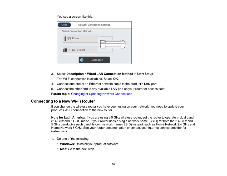 Connecting to a new wi-fi router | Epson SureColor T3170M 24" Wireless Printer, Scanner & Copier User Manual | Page 56 / 274