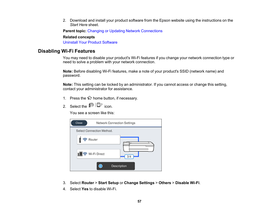 Disabling wi-fi features | Epson SureColor T3170M 24" Wireless Printer, Scanner & Copier User Manual | Page 57 / 274