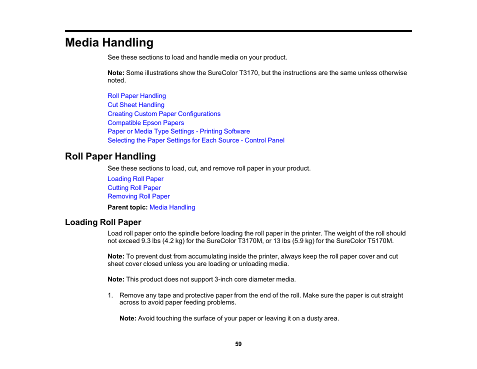 Media handling, Roll paper handling, Loading roll paper | Epson SureColor T3170M 24" Wireless Printer, Scanner & Copier User Manual | Page 59 / 274