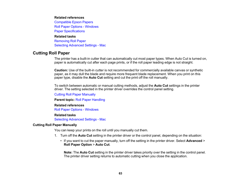 Cutting roll paper, Cutting roll paper manually | Epson SureColor T3170M 24" Wireless Printer, Scanner & Copier User Manual | Page 63 / 274