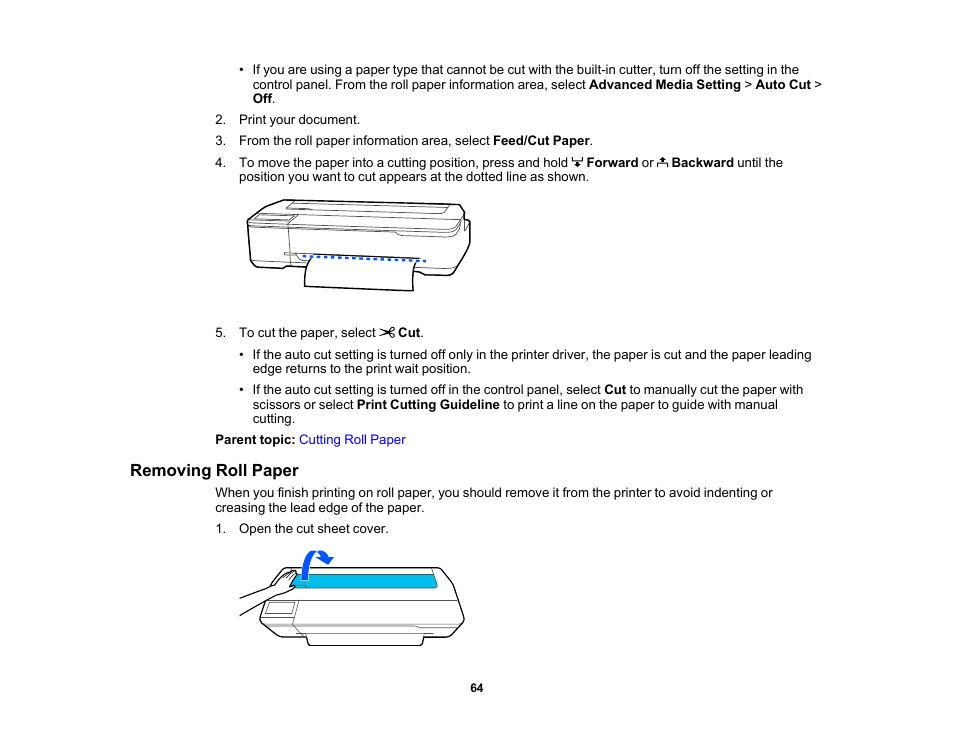Removing roll paper | Epson SureColor T3170M 24" Wireless Printer, Scanner & Copier User Manual | Page 64 / 274