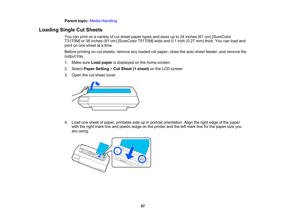 Loading single cut sheets | Epson SureColor T3170M 24" Wireless Printer, Scanner & Copier User Manual | Page 67 / 274