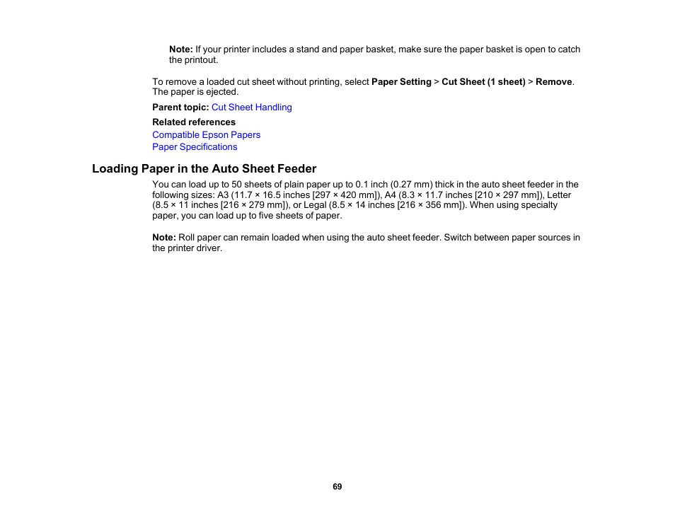 Loading paper in the auto sheet feeder | Epson SureColor T3170M 24" Wireless Printer, Scanner & Copier User Manual | Page 69 / 274