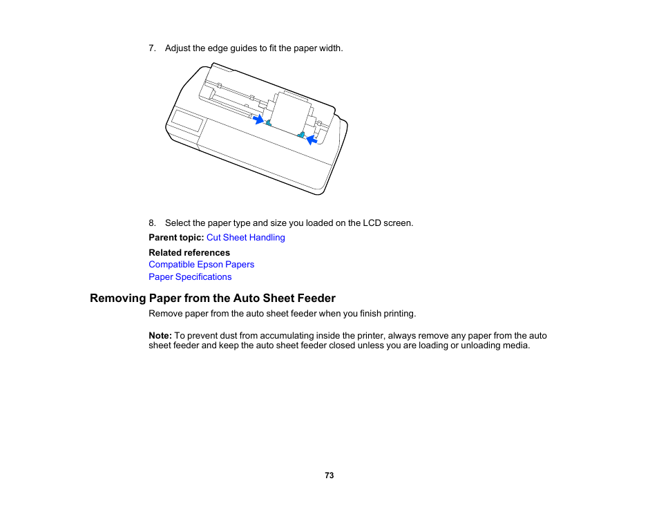 Removing paper from the auto sheet feeder | Epson SureColor T3170M 24" Wireless Printer, Scanner & Copier User Manual | Page 73 / 274