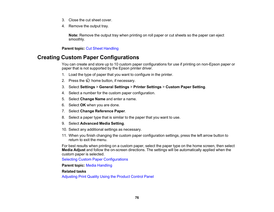 Creating custom paper configurations | Epson SureColor T3170M 24" Wireless Printer, Scanner & Copier User Manual | Page 76 / 274