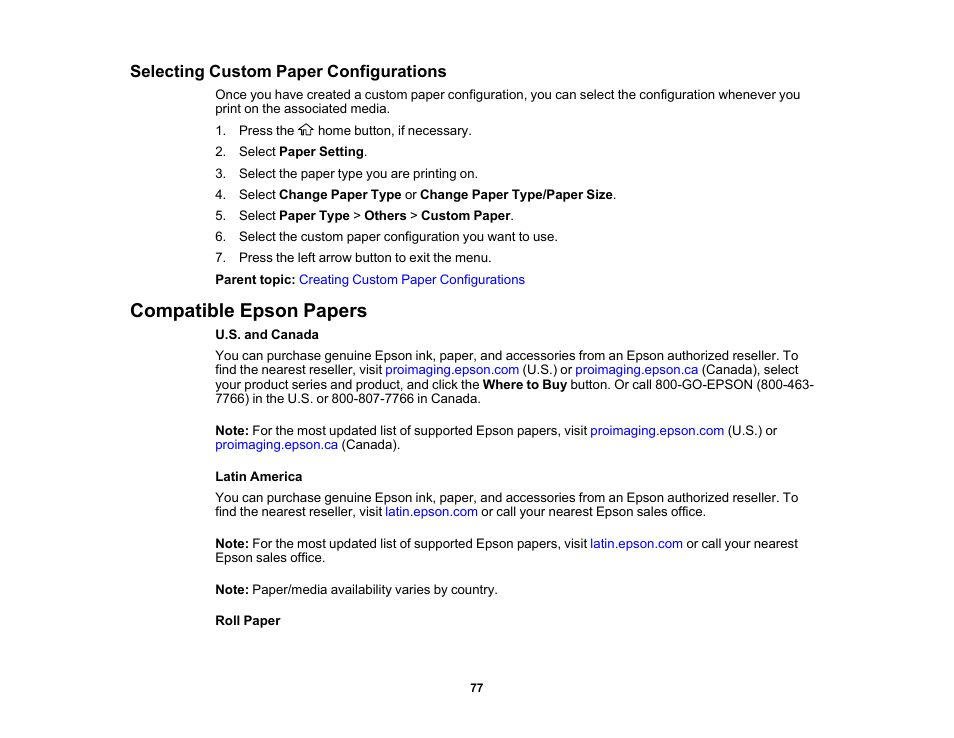 Selecting custom paper configurations, Compatible epson papers | Epson SureColor T3170M 24" Wireless Printer, Scanner & Copier User Manual | Page 77 / 274