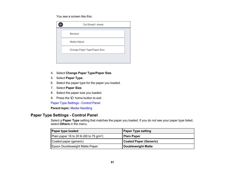 Paper type settings - control panel | Epson SureColor T3170M 24" Wireless Printer, Scanner & Copier User Manual | Page 81 / 274