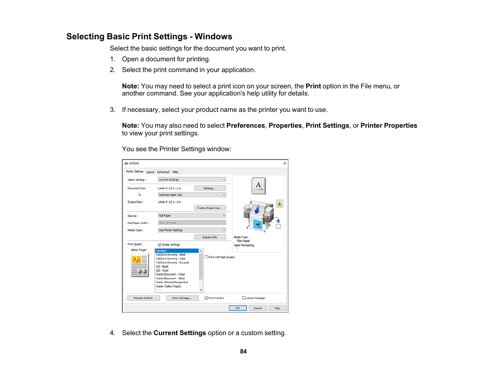 Selecting basic print settings - windows | Epson SureColor T3170M 24" Wireless Printer, Scanner & Copier User Manual | Page 84 / 274