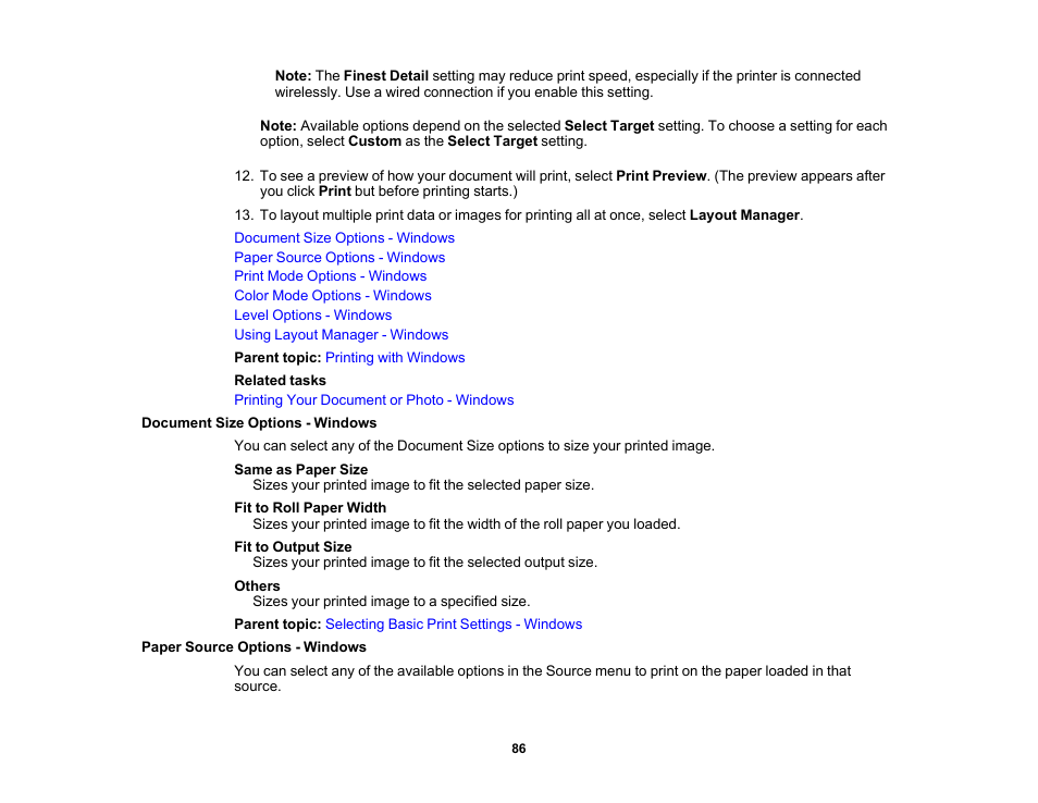 Document size options - windows, Paper source options - windows | Epson SureColor T3170M 24" Wireless Printer, Scanner & Copier User Manual | Page 86 / 274