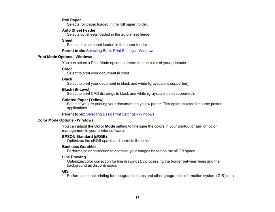 Print mode options - windows, Color mode options - windows | Epson SureColor T3170M 24" Wireless Printer, Scanner & Copier User Manual | Page 87 / 274