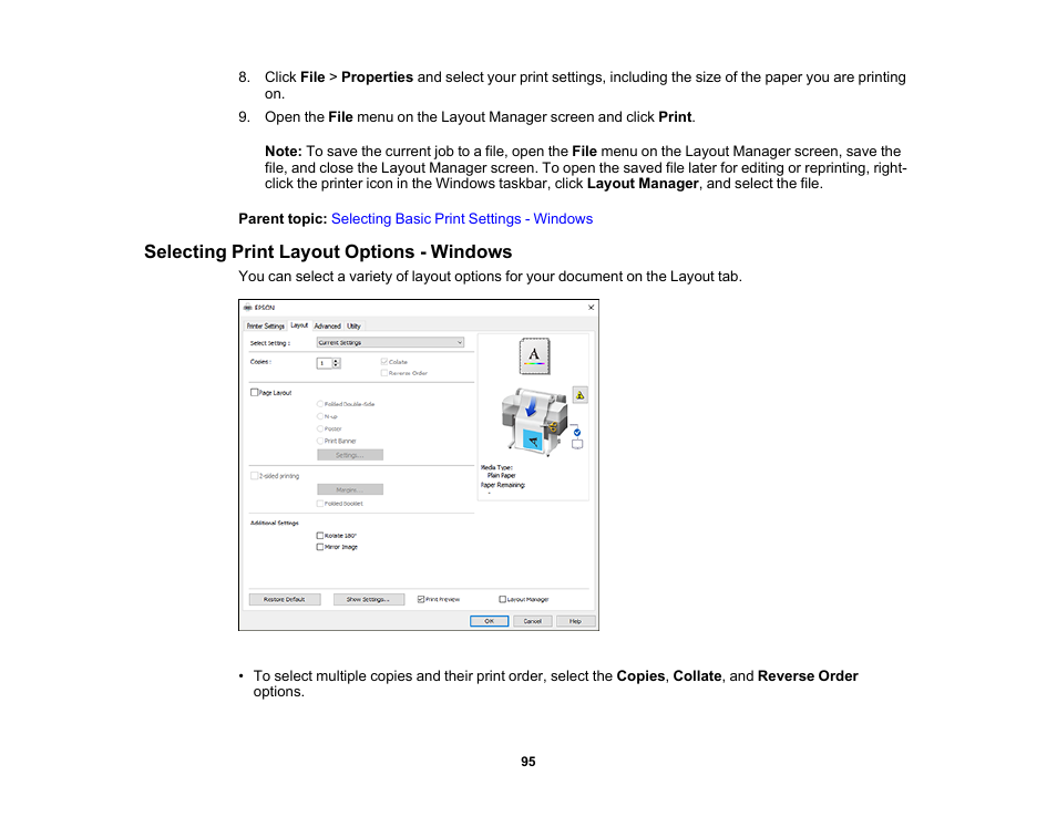 Selecting print layout options - windows | Epson SureColor T3170M 24" Wireless Printer, Scanner & Copier User Manual | Page 95 / 274