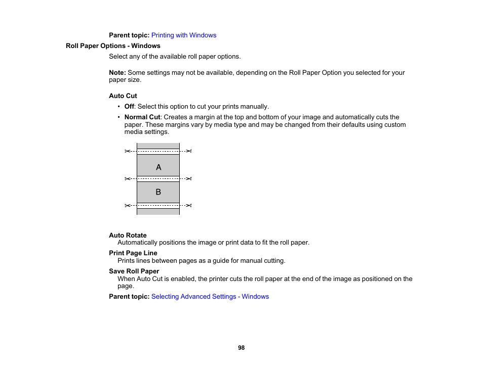 Roll paper options - windows | Epson SureColor T3170M 24" Wireless Printer, Scanner & Copier User Manual | Page 98 / 274