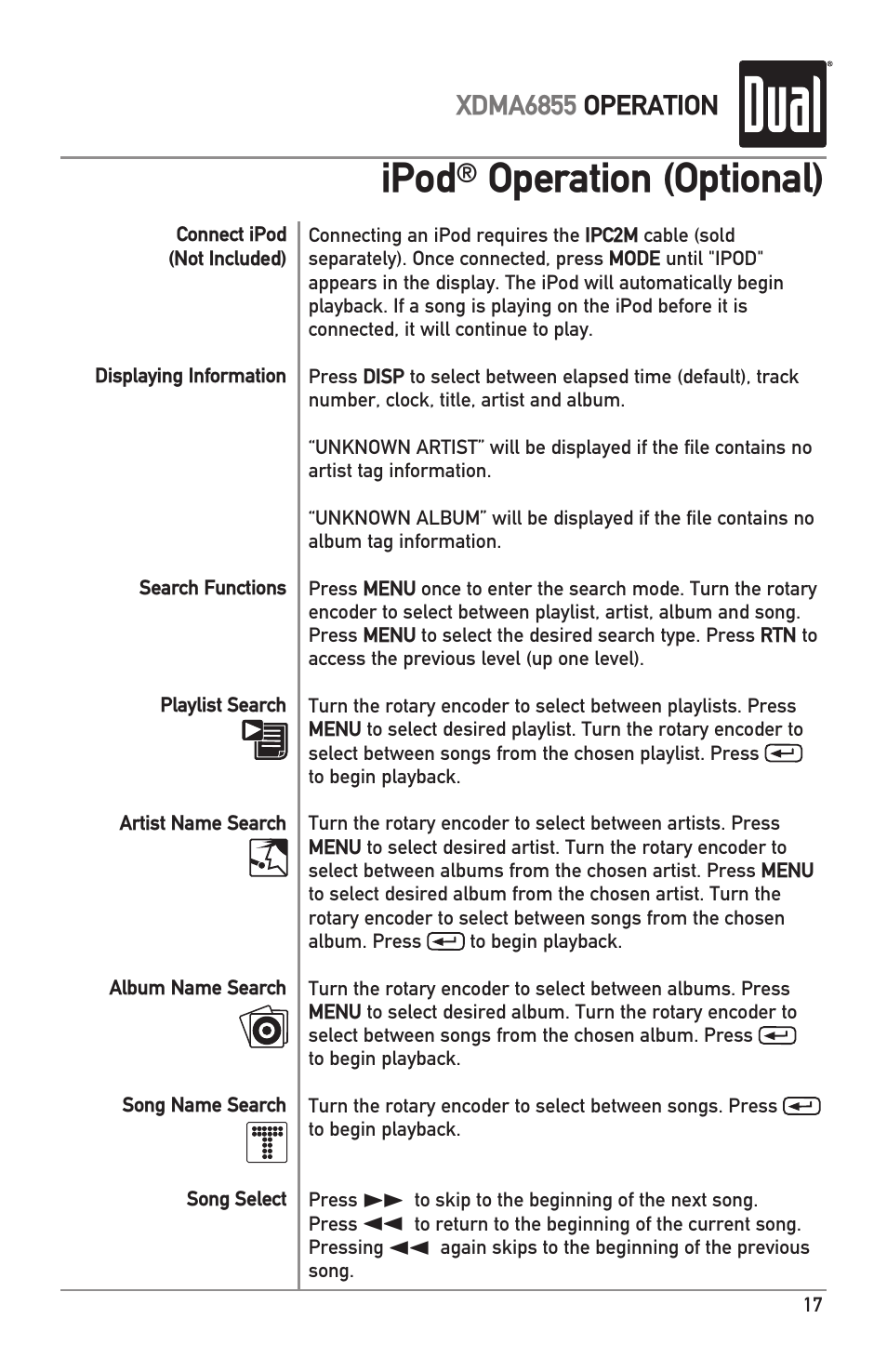 Ipod, Operation (optional), Xdma6855 operation | Dual XDMA6855 User Manual | Page 17 / 24
