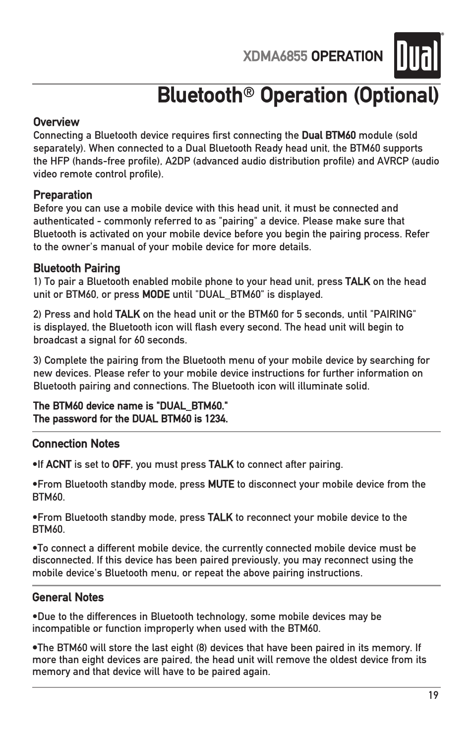 Bluetooth, Operation (optional), Xdma6855 operation | Dual XDMA6855 User Manual | Page 19 / 24