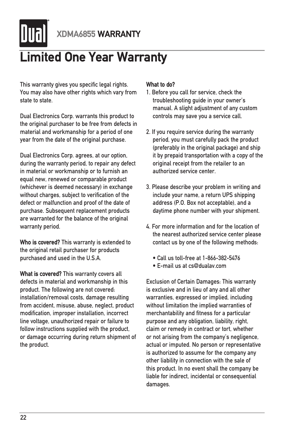 Limited one year warranty, Xdma6855 warranty | Dual XDMA6855 User Manual | Page 22 / 24