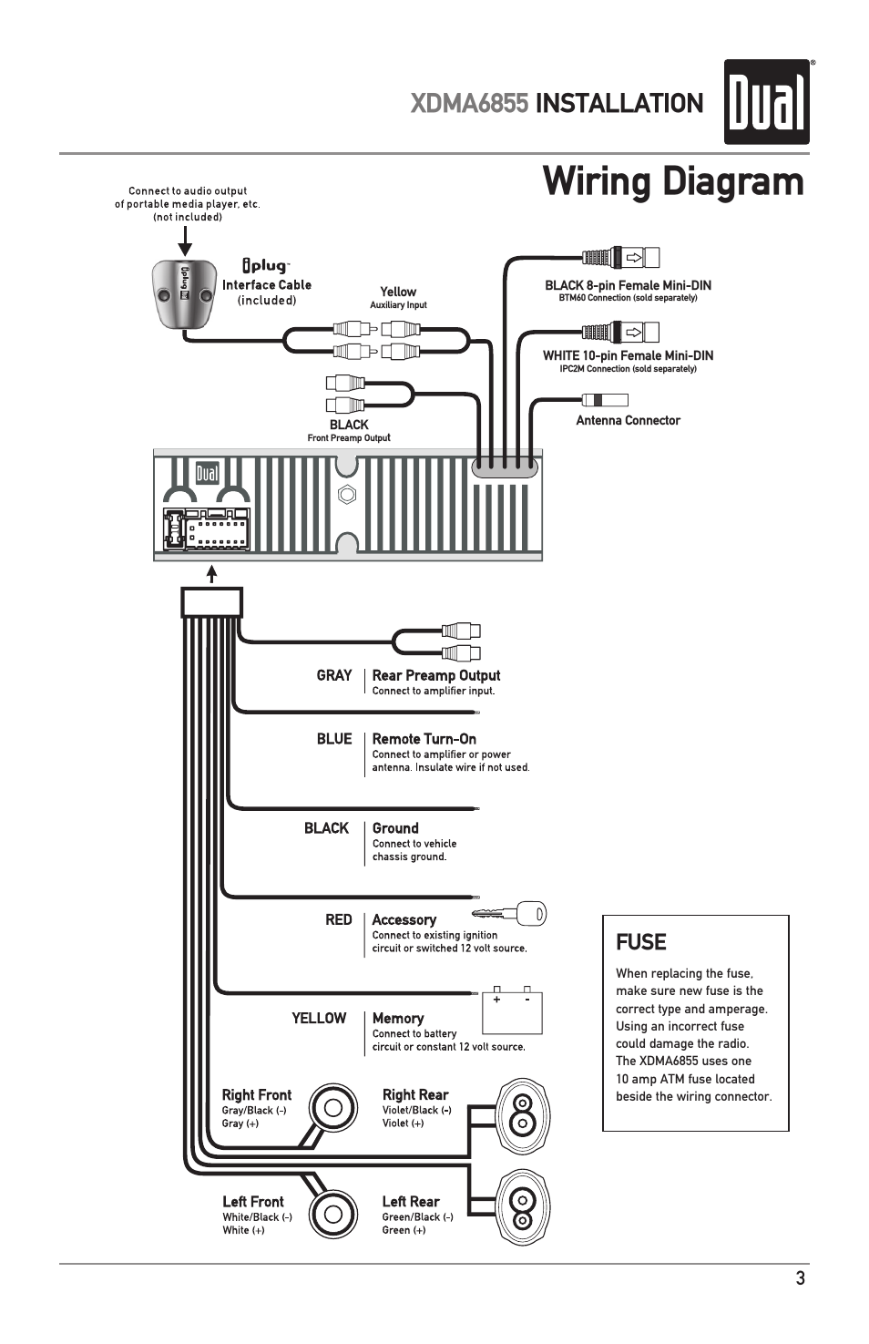 Wiring diagram, Xdma6855 installation, Fuse | Dual XDMA6855 User Manual | Page 3 / 24