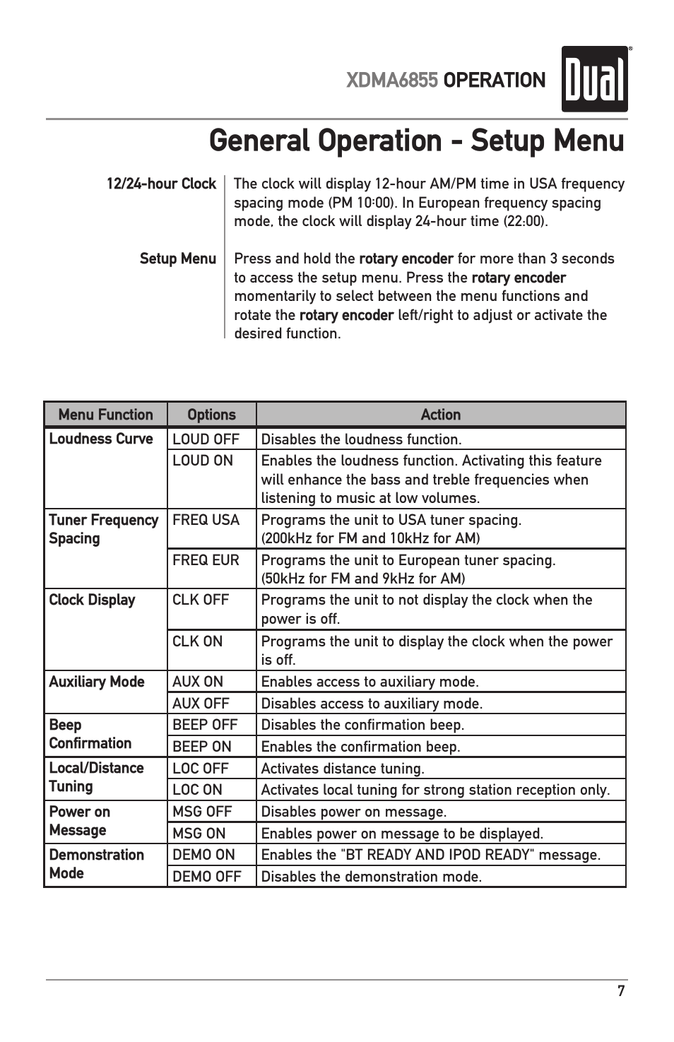 General operation - setup menu, Xdma6855 operation | Dual XDMA6855 User Manual | Page 7 / 24