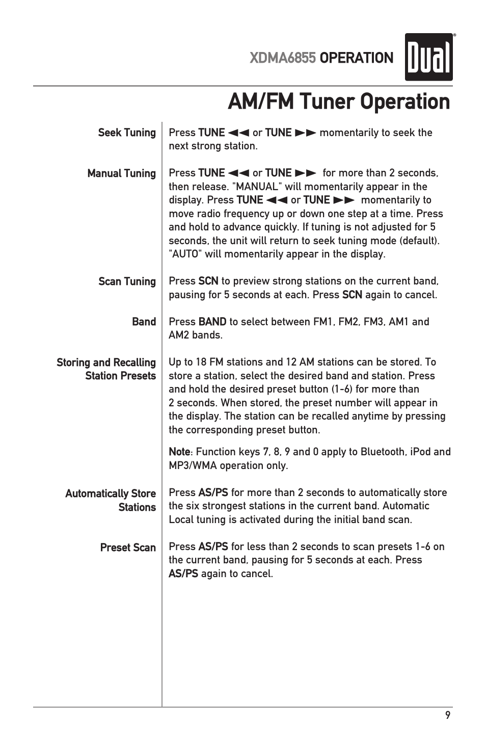 Am/fm tuner operation | Dual XDMA6855 User Manual | Page 9 / 24