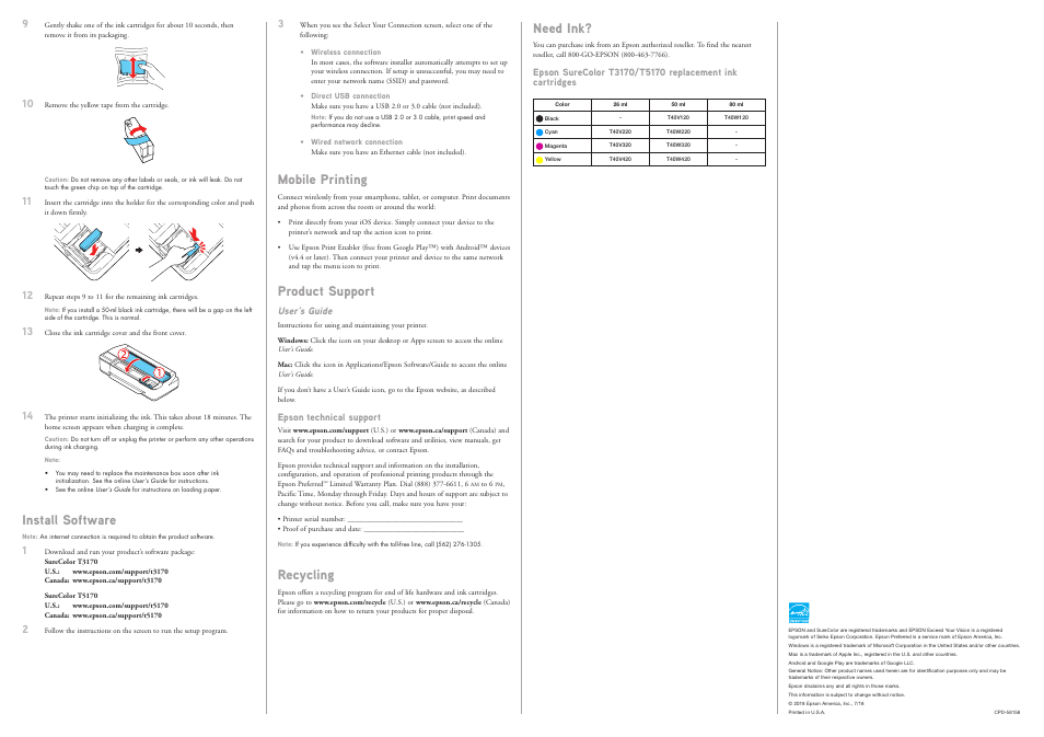 Need ink, Mobile printing, Product support | Recycling, Install software, User’s guide, Epson technical support | Epson Surecolor T3170 24" Wireless Inkjet Printer User Manual | Page 4 / 4