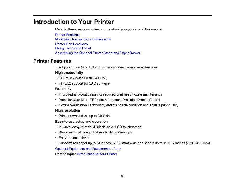 Introduction to your printer, Printer features | Epson SureColor T3170x 24" Desktop Printer User Manual | Page 10 / 216