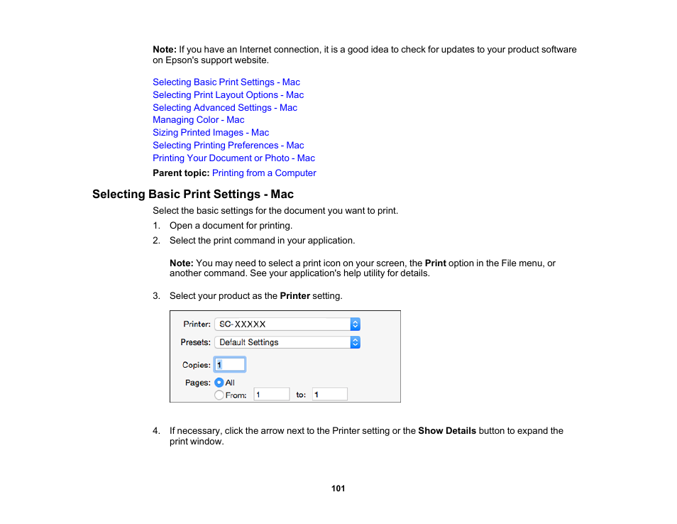 Selecting basic print settings - mac | Epson SureColor T3170x 24" Desktop Printer User Manual | Page 101 / 216