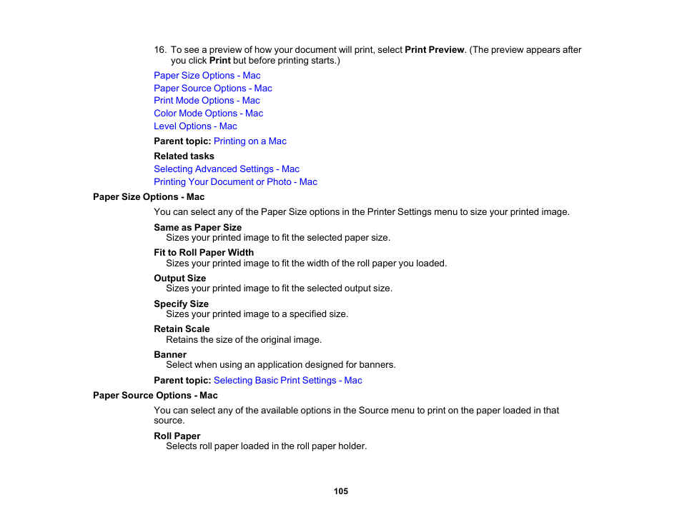 Paper size options - mac, Paper source options - mac | Epson SureColor T3170x 24" Desktop Printer User Manual | Page 105 / 216