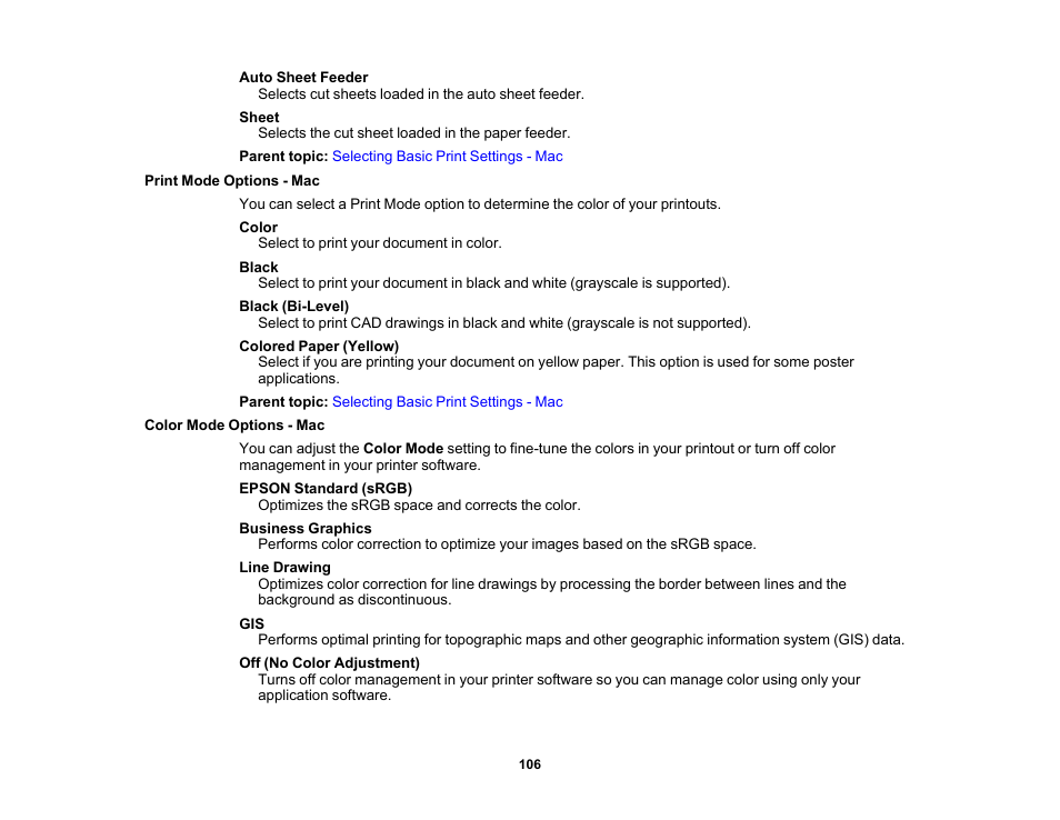 Print mode options - mac, Color mode options - mac, Print mode options - mac color mode options - mac | Epson SureColor T3170x 24" Desktop Printer User Manual | Page 106 / 216