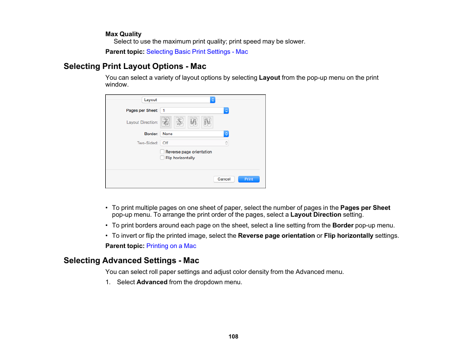 Selecting print layout options - mac, Selecting advanced settings - mac | Epson SureColor T3170x 24" Desktop Printer User Manual | Page 108 / 216