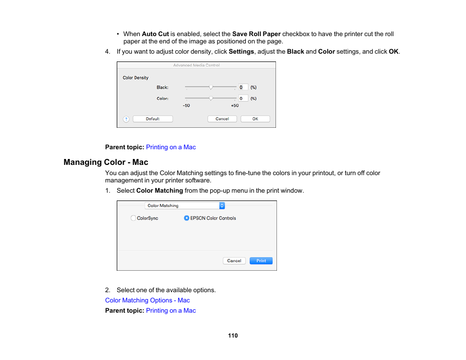 Managing color - mac | Epson SureColor T3170x 24" Desktop Printer User Manual | Page 110 / 216