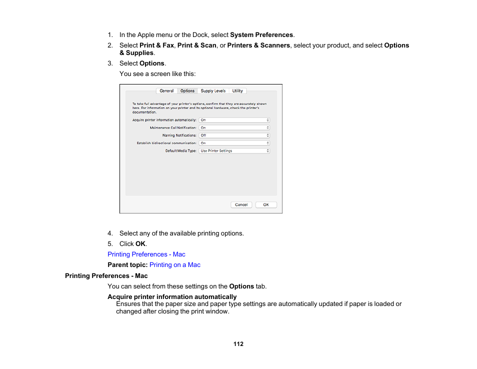 Printing preferences - mac | Epson SureColor T3170x 24" Desktop Printer User Manual | Page 112 / 216
