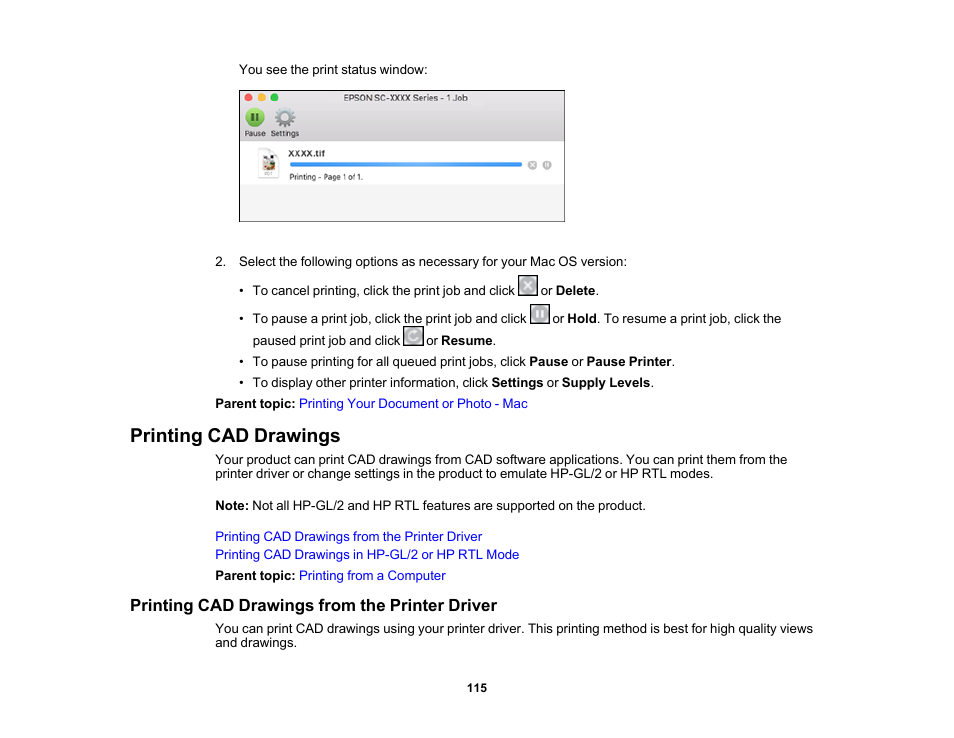 Printing cad drawings, Printing cad drawings from the printer driver | Epson SureColor T3170x 24" Desktop Printer User Manual | Page 115 / 216