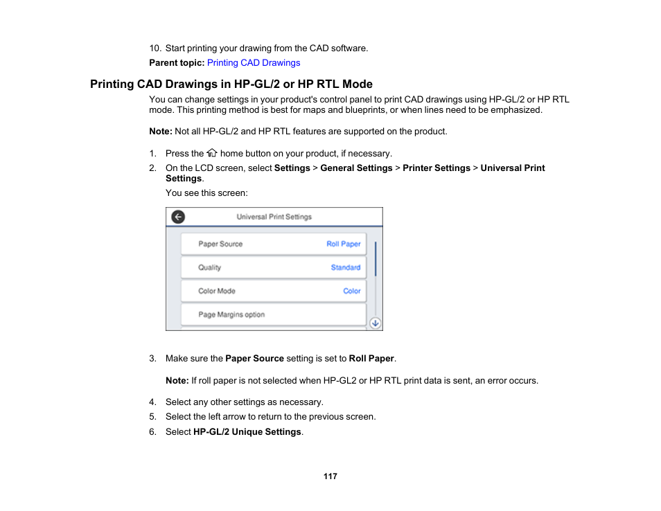 Printing cad drawings in hp-gl/2 or hp rtl mode | Epson SureColor T3170x 24" Desktop Printer User Manual | Page 117 / 216