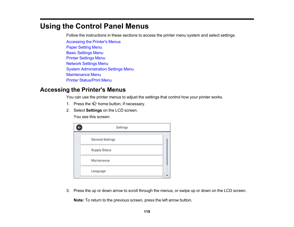 Using the control panel menus, Accessing the printer's menus | Epson SureColor T3170x 24