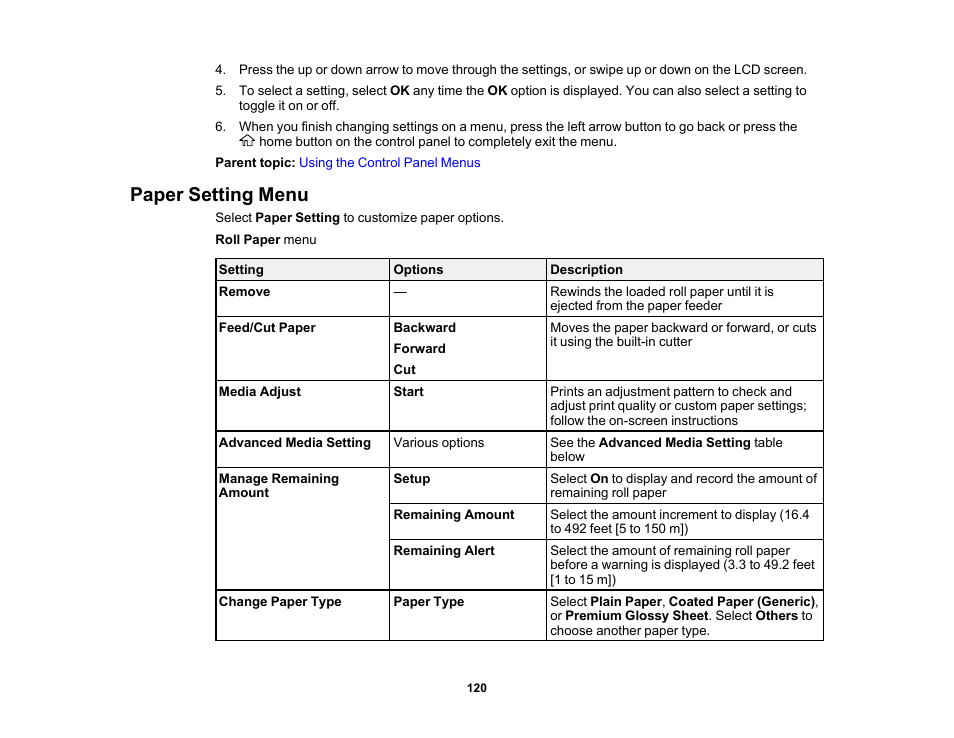 Paper setting menu | Epson SureColor T3170x 24" Desktop Printer User Manual | Page 120 / 216